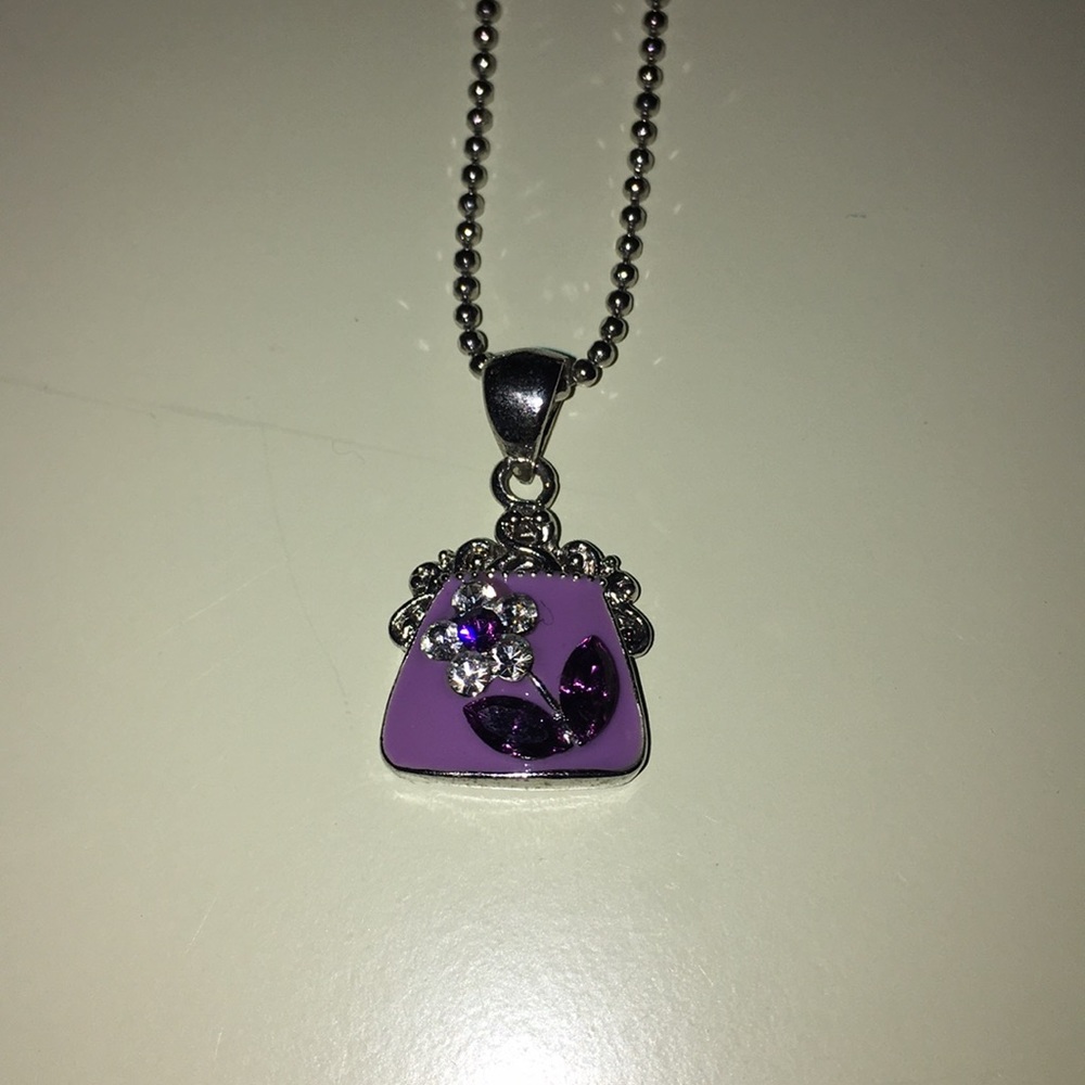 Silver Necklace with Purple Charm Purse